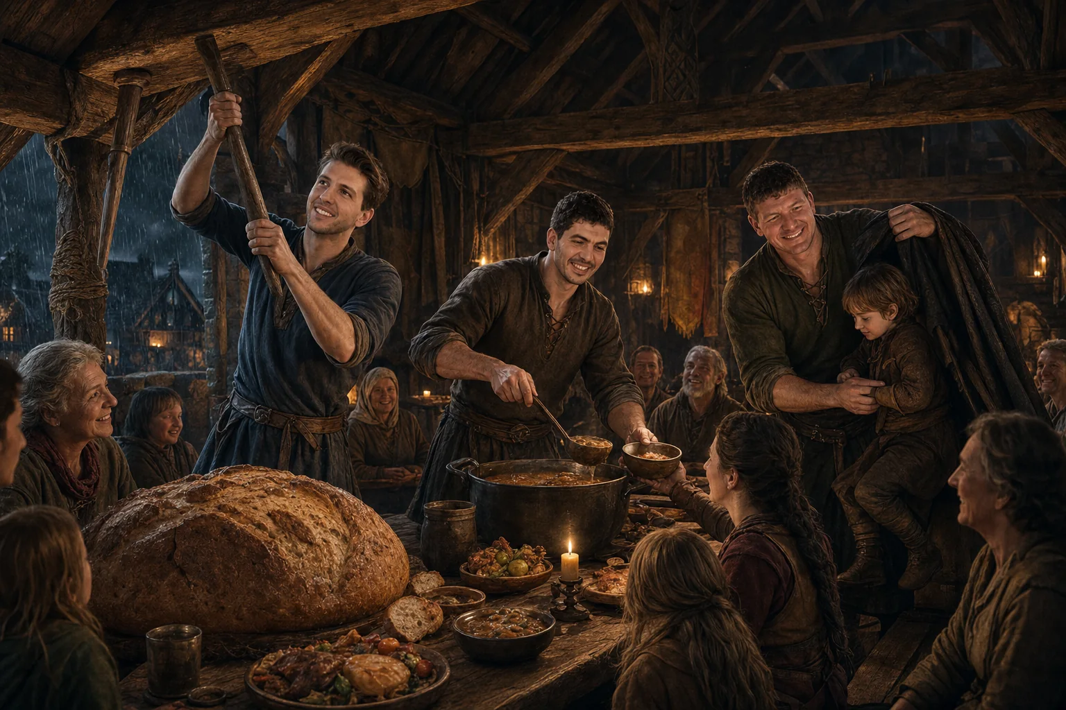 Joseph, Christopher, and Robbie Heinrich repair a village hall, serve supper, and shelter a child at the long table.