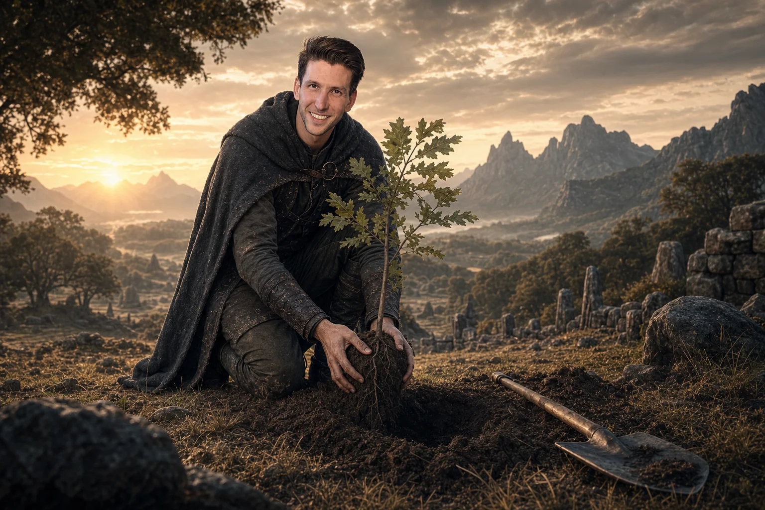 Joseph Heinrich plants a young oak at sunrise in an ancestral mountain valley.